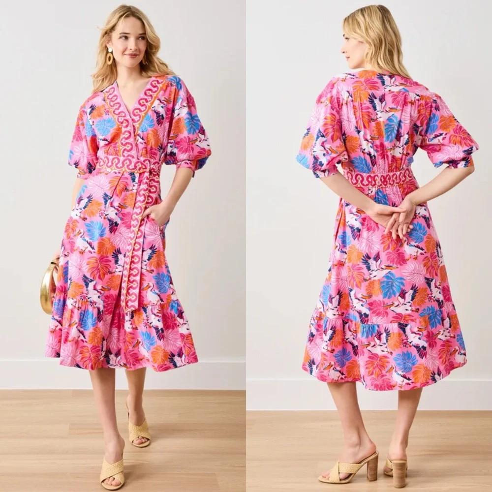 Printfresh Gabriela Midi Dress in Pelican Palms Pink Blue Wrap Style Large - Picture 2 of 16